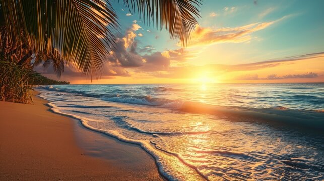  tropical vacation sunset paints the ocean sandy shore. Ai Generated