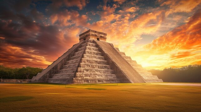 Ancient Pyramid in warm sunset tones, bathed in strong side lighting. Ai Generated