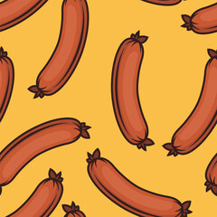 Vector Seamless Pattern with Flat Sausage on a Yellow Background. Seamless Print with Cartoon Sausage