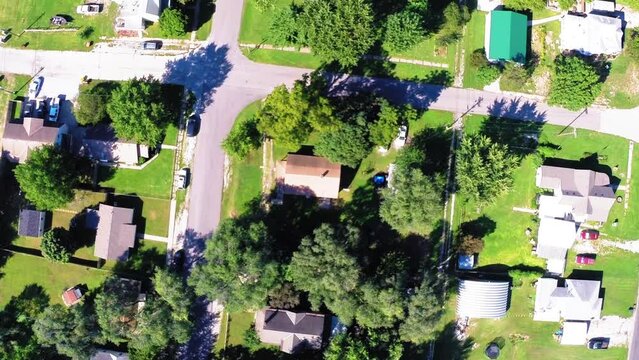 Aerial Top Panning Shot Of Roofed Houses On Green Landscape During Sunny Day - Buckner, California