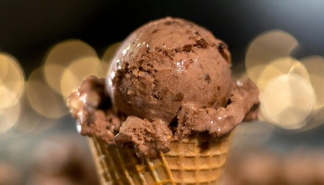 Close-up of Chocolate Ice Cream Scoop in Cone on Bokeh Background