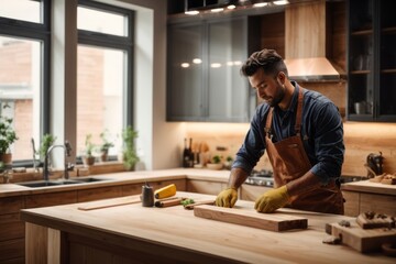 Male carpenter worker installing new modern kitchen