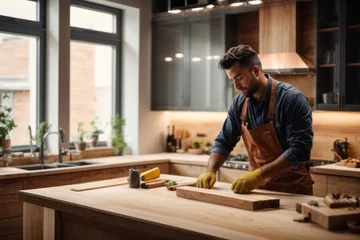Deurstickers Male carpenter worker installing new modern kitchen © free