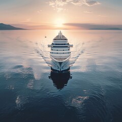 An exclusive glimpse into luxury travel with a beautiful white cruise ship sailing the ocean at dawn, embodying the essence of summer vacations and exclusive tourism