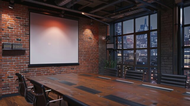 Modern interior design red brick loft conference room with empty poster in wall. AI generated image