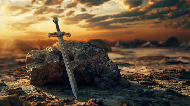 Old ancient sword stuck in a rock on dramatic scene landscape background. AI generated image