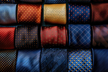 Fashion display of silk ties, wardrobe accessory assortment of colorful and patterned neckties