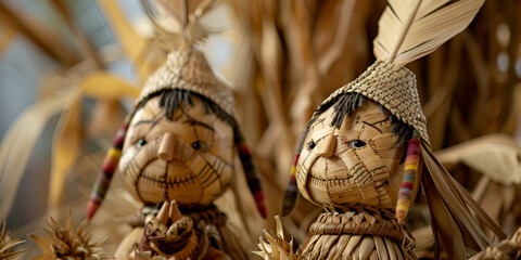  rural scarecrow couple., Rustic appearance with straw details, acient slavic motanka dolls, - obrazy, fototapety, plakaty