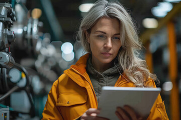 A woman in a yellow jacket is looking at a tablet while wearing a hard hat. She is likely a worker in a factory or industrial setting