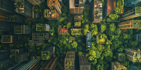Aerial View of a Lush Urban Jungle Integrating Nature and City Life - obrazy, fototapety, plakaty