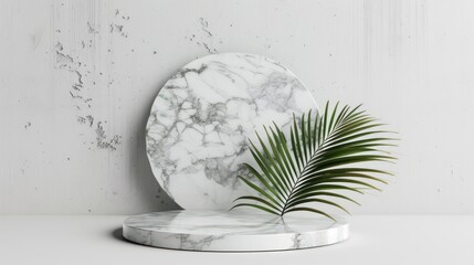 White marble podium display product with palm leaves on white background. AI generated image