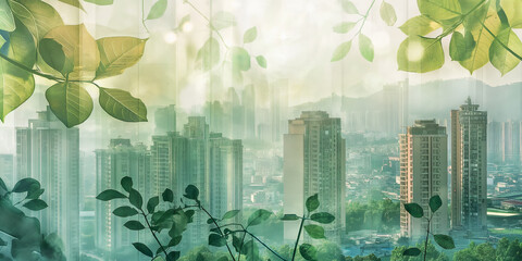 Lush Foliage Overlooking Dense Cityscape Bathed in Golden Hour Light