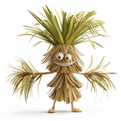 Anthropomorphic Smiling Tiki Character with Grass Skirt and Palm Leaves