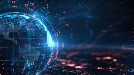 Obraz premium Futuristic globe with digital graphic network technology background. AI generated image