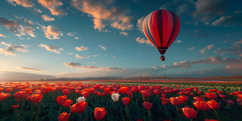 Experience the breathtaking view of a hot air balloon floating over a stunning field of tulips, Drifting Above Vibrant Blossoms