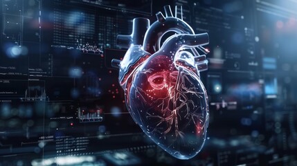 3d Rendering human heart cardiology with infographic virtual diagnosis background. AI generated
