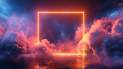 3d illustration, colorful neon light with square frame abstract smoke background. AI generated