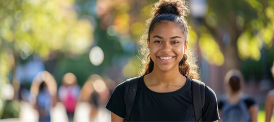 Light skin female, plain black t-shirt, Jeans, Walking to college basketball game. Out of focus people in background. 20 years old, college student, full body, Smiling.