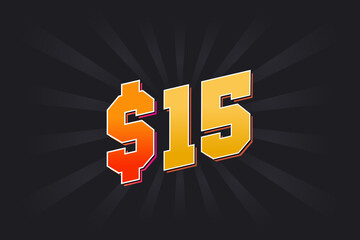 15 Dollar American Money vector text symbol. $15 USD United States Dollar stock vector