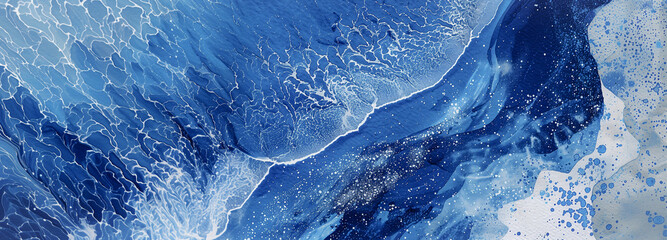 Blue with silver creative abstract ocean background, marble texture, abstraction ocean waves mixed media collage with watercolor texture splatter. Hand painted touches by Vita - obrazy, fototapety, plakaty