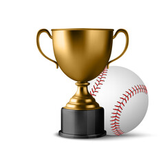 Vector 3d Realistic Metal Yellow Golden Champion Cup and Baseball Set, Isolated. Championship Trophy Design Template for Sports Concept, Front View