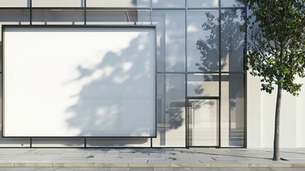 Building exterior of office or shop with white mock up poster hanging in the window. AI generated