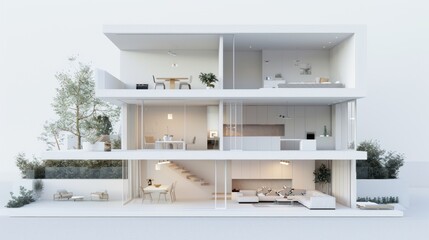 Fototapeta na wymiar Rendering 3D miniature white townhouse model of minimalist contemporary style. AI generated