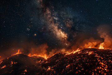 Starry sky with Milky Way, fire in the background, long exposure photography, dark black and white...