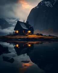 lonely timber black house, black mountains in the background, highland in Iceland with cloudy gray sky, faroe, denmark