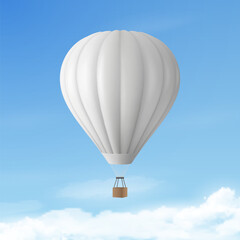 Vector 3d Realistic White Hot Air Balloon on Blue Sky Background. Design Template for Branding. Blank Aerostat for Summer Vacation, Travelling, Tourism, Journey Concept