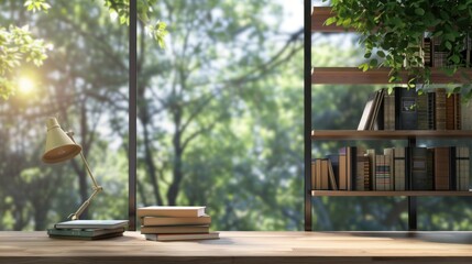 Workplace and home library with wooden table, books and desk lamp near window blur nature background - obrazy, fototapety, plakaty