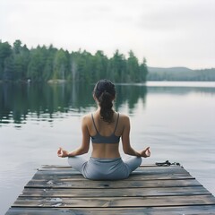 A young woman meditates on a lake dock practicing yoga. Concept Yoga, Meditation, Lake, Dock, Mindfulness