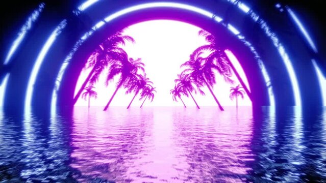 An alley with palm trees on the water, lit by an abstract sun. Neon reflections on the water. Cinematic background