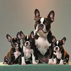 Mother Boston Terrier and her Puppies, Animal Mothers are Fun, Animals are Fun series by Zen Curio Shop