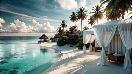 white sand, palm trees, turquoise sea, bungalows with white curtains, vanilla sky