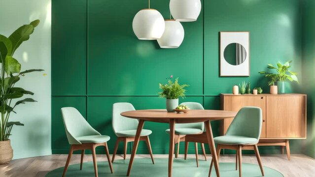 3D Rendering. mid-century house interior design of modern living room. green color wall. Scandinavian.