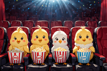 Cute chicks watching a movie at the cinema,
Generative AI