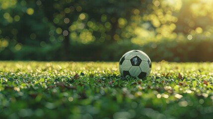 Close up soccer ball sport on grass with blur background. AI generated image
