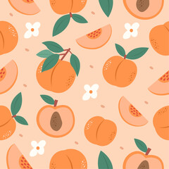 Colorful peach seamless pattern. Modern hand-drawn texture. Fresh sliced tropic fruit. Vector illustration.
