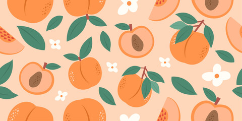 Juicy peach seamless pattern. Sliced and whole peaches. Flowers and leaves. Trendy flat hand-drawn vector illustration. Tropical background.