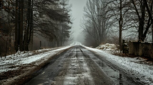 An empty country road surrounded by walls during the winter season.