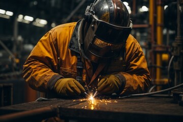 construction worker welding and repairing metal structures at offshore oil plant.