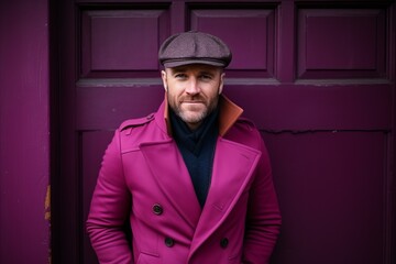 Portrait of a handsome man in a pink coat and cap on a purple wall background