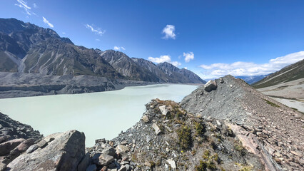 Looking over the moraine wall to the alpine glacial lake'in Mt Cook National Park