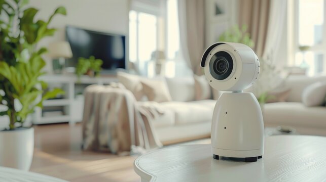 Wireless security camera on table in home living room. AI generated image