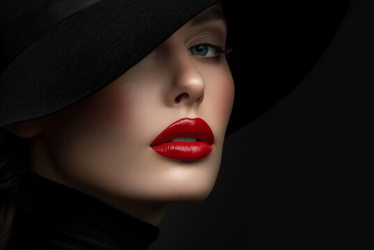 A beautiful woman with red lipstick and a black hat. Wearing a highend fashion dress in an elegant pose. Black background. A closeup portrait photograph. Beauty and advertisement concept.