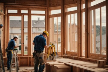 Construction workers install new windows and doors at home using safety equipment