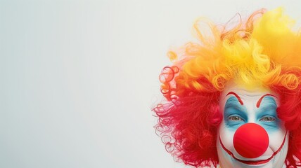 Close-up of a clown with vibrant hair and a classic red nose against a white background