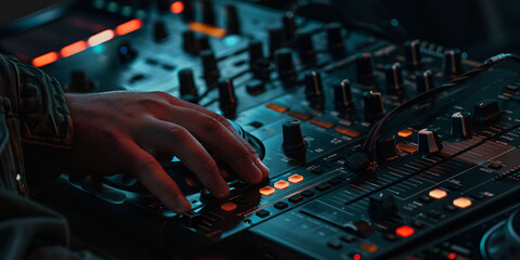  DJ creating music on modern console mixer in night club AI Generative