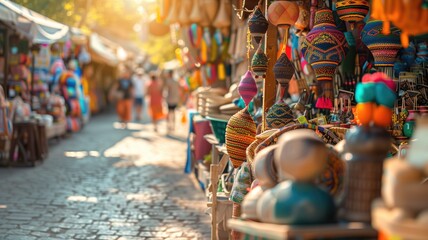 Vibrant artisan market displaying traditional crafts in a lively street setting